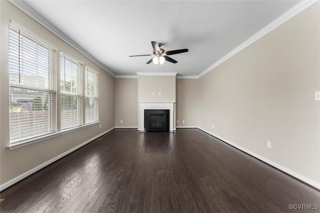 17412 Trevino Pkwy, Moseley, VA 23120 - unfurnished living room featuring wood finished floors, a ceiling fan, a fireplace with flush hearth, and ornamental molding