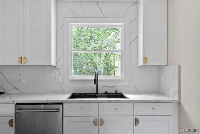 113 Rappa Run Rd, Topping, VA 23169 - kitchen with stainless steel dishwasher, white cabinets, backsplash, and healthy amount of natural light