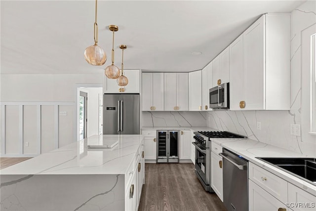 113 Rappa Run Rd, Topping, VA 23169 - kitchen with stainless steel appliances, beverage cooler, tasteful backsplash, dark wood-style flooring, and white cabinets
