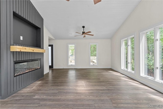 113 Rappa Run Rd, Topping, VA 23169 - unfurnished living room featuring ceiling fan, dark wood-style flooring, a fireplace, and vaulted ceiling