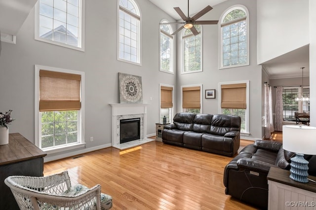 15585 Fox Cove Cir, Moseley, VA 23120 - living area with a high ceiling, ceiling fan, light wood-type flooring, a premium fireplace, and a chandelier