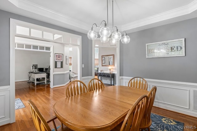 15585 Fox Cove Cir, Moseley, VA 23120 - dining room featuring crown molding, wood finished floors, a wainscoted wall, and an office area