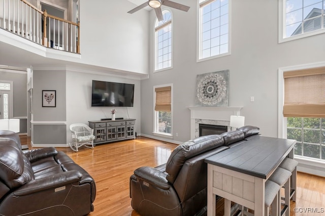 15585 Fox Cove Cir, Moseley, VA 23120 - living area with a high ceiling, ceiling fan, a premium fireplace, and wood finished floors