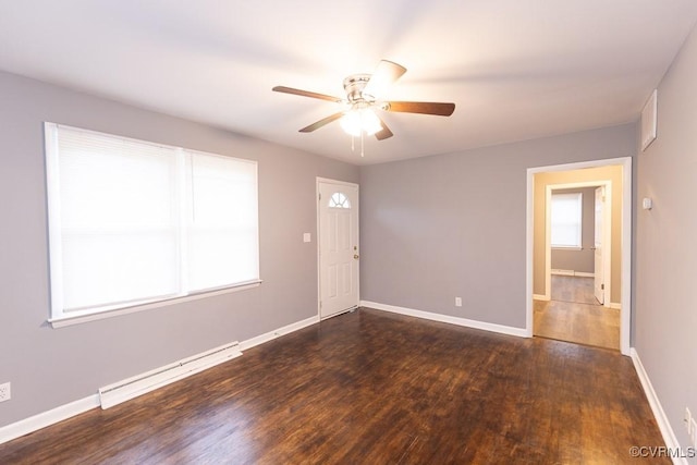 64 Gibbons Ave, Petersburg, VA 23803 - spare room featuring a baseboard heating unit, dark wood-style flooring, healthy amount of natural light, and ceiling fan