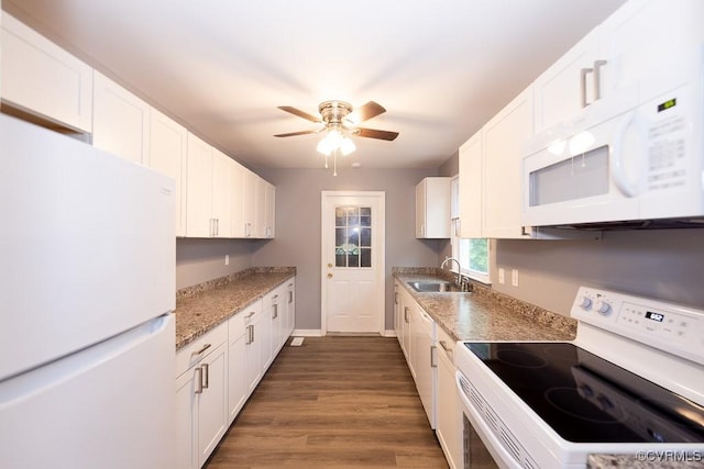 64 Gibbons Ave, Petersburg, VA 23803 - kitchen featuring white appliances, white cabinets, a ceiling fan, and dark wood finished floors
