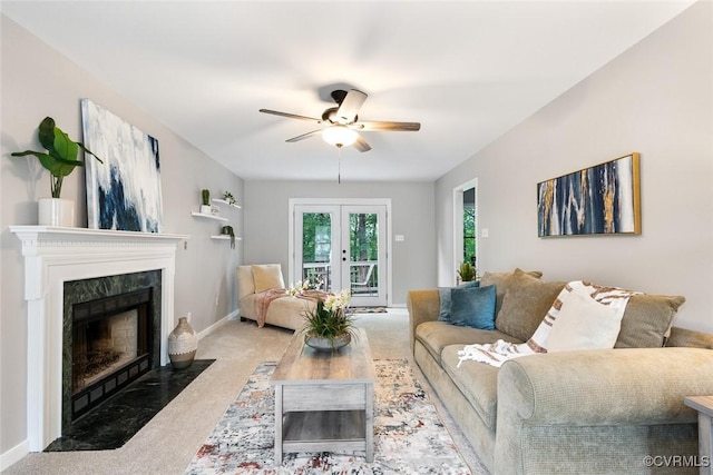 1712 Porters Mill Ln, Midlothian, VA 23114 - carpeted living area featuring ceiling fan and a premium fireplace