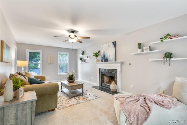 1712 Porters Mill Ln, Midlothian, VA 23114 - living area featuring carpet, a premium fireplace, and a ceiling fan