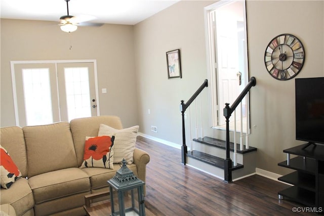 1712 Porters Mill Ln, Midlothian, VA 23114 - living area with ceiling fan, dark wood-style floors, and stairs
