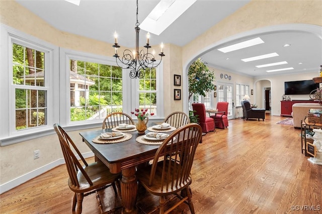 5911 Waters Edge Rd, Midlothian, VA 23112 - dining space with arched walkways, a skylight, a chandelier, and healthy amount of natural light