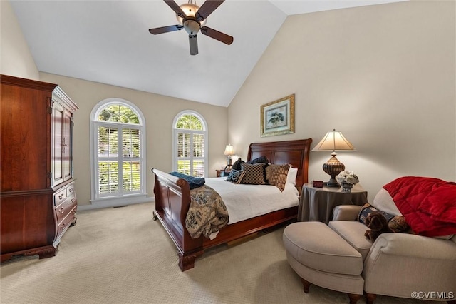 5911 Waters Edge Rd, Midlothian, VA 23112 - bedroom with light carpet, a ceiling fan, and high vaulted ceiling