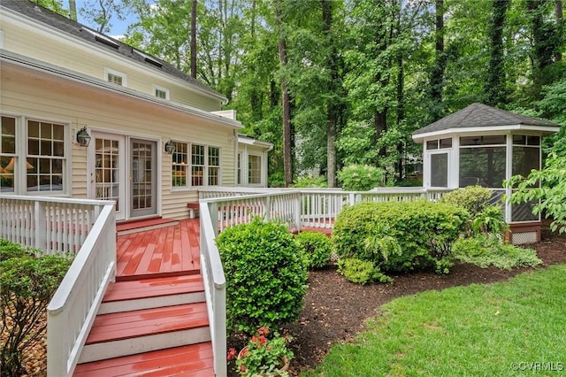 5911 Waters Edge Rd, Midlothian, VA 23112 - deck with a sunroom and view of wooded area