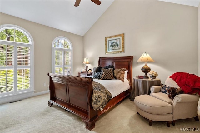 5911 Waters Edge Rd, Midlothian, VA 23112 - bedroom with light colored carpet, ceiling fan, and high vaulted ceiling