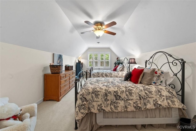 5911 Waters Edge Rd, Midlothian, VA 23112 - bedroom with light colored carpet, vaulted ceiling, and a ceiling fan
