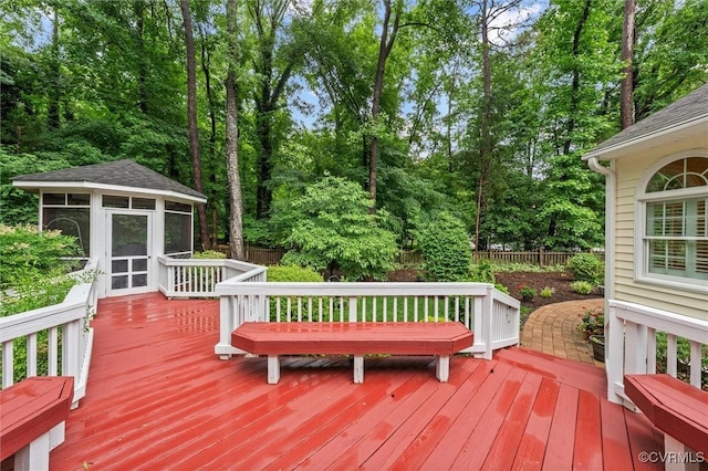 5911 Waters Edge Rd, Midlothian, VA 23112 - wooden deck featuring a sunroom and view of scattered trees