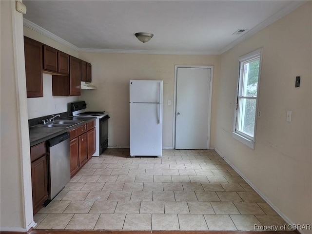 527 Price St, Hampton, VA 23663 - kitchen with freestanding refrigerator, electric range, stainless steel dishwasher, under cabinet range hood, and dark countertops
