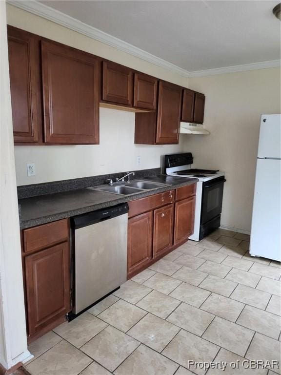 527 Price St, Hampton, VA 23663 - kitchen with freestanding refrigerator, stainless steel dishwasher, range with electric cooktop, crown molding, and dark countertops