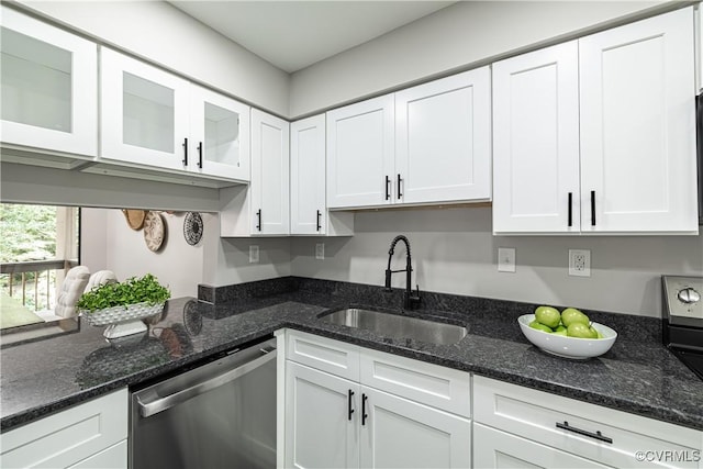 9312 Groundhog, Chesterfield, VA 23235 - kitchen featuring stainless steel dishwasher, white cabinets, glass insert cabinets, and dark stone counters