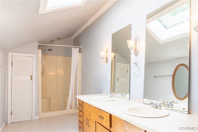 17009 Faithful Run, Montpelier, VA 23192 - bathroom featuring a skylight, vaulted ceiling, double vanity, a shower with shower curtain, and a closet