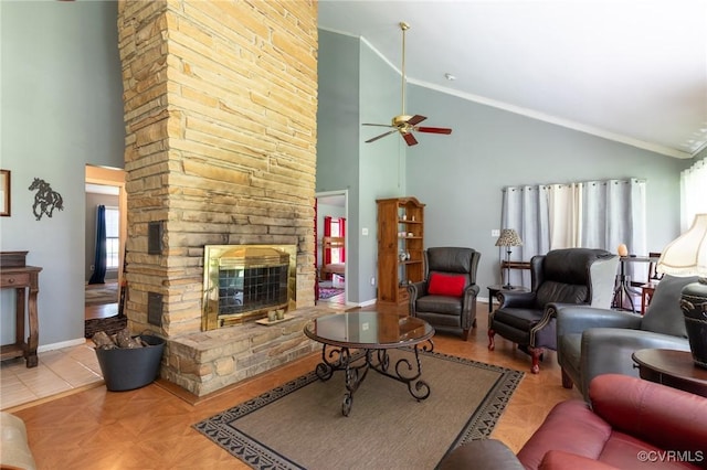17009 Faithful Run, Montpelier, VA 23192 - living room featuring crown molding, a ceiling fan, high vaulted ceiling, and a stone fireplace