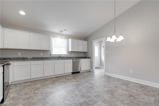 68 Halls Store Rd, Mineral, VA 23117 - kitchen with stainless steel dishwasher, vaulted ceiling, a chandelier, white cabinets, and decorative light fixtures