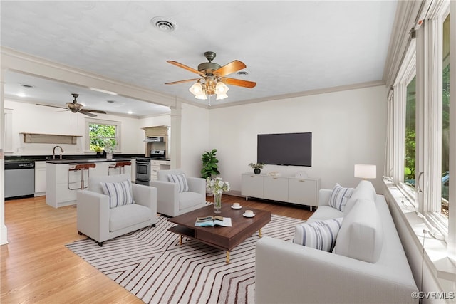 6482 Robin Way, Mechanicsville, VA 23111 - living area with ceiling fan, light wood-style floors, ornamental molding, and ornate columns
