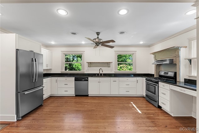 6482 Robin Way, Mechanicsville, VA 23111 - kitchen featuring appliances with stainless steel finishes, healthy amount of natural light, under cabinet range hood, a ceiling fan, and crown molding