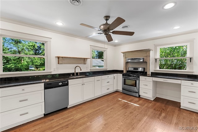 6482 Robin Way, Mechanicsville, VA 23111 - kitchen with stainless steel appliances, plenty of natural light, crown molding, a ceiling fan, and dark countertops