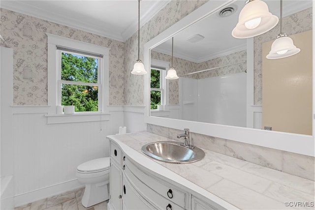 6482 Robin Way, Mechanicsville, VA 23111 - full bath featuring ornamental molding, wainscoting, vanity, healthy amount of natural light, and marble finish floors