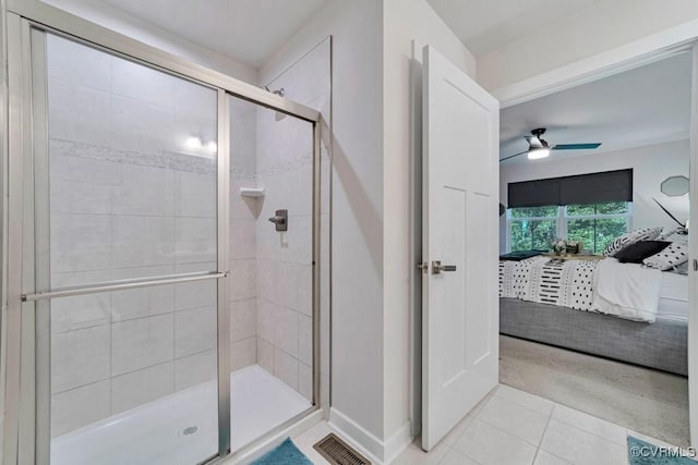 5812 Addison Gate Dr, North Chesterfield, VA 23234 - bathroom with connected bathroom, a ceiling fan, tile patterned floors, and a stall shower