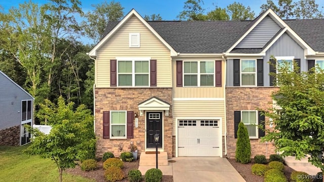 5812 Addison Gate Dr, North Chesterfield, VA 23234 - traditional-style house with stone siding, concrete driveway, a garage, and a shingled roof