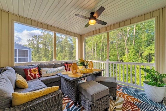 5812 Addison Gate Dr, North Chesterfield, VA 23234 - sunroom / solarium with a ceiling fan, an outdoor living space, and a wooded view
