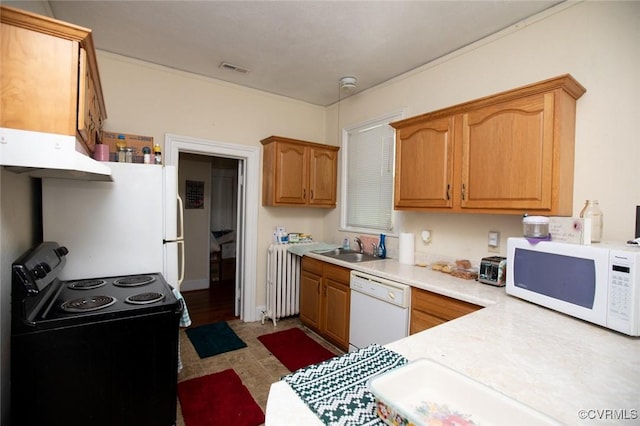 405 E 2nd St, Farmville, VA 23901 - kitchen featuring white appliances, under cabinet range hood, radiator, and light countertops