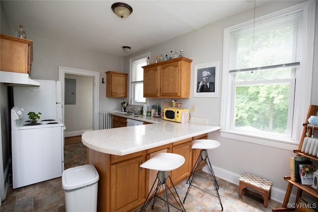 405 E 2nd St, Farmville, VA 23901 - kitchen with stove, under cabinet range hood, stone finish flooring, light countertops, and a peninsula