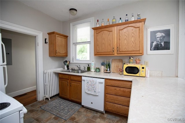 405 E 2nd St, Farmville, VA 23901 - kitchen featuring white appliances, radiator, light countertops, and dark stone finish floors