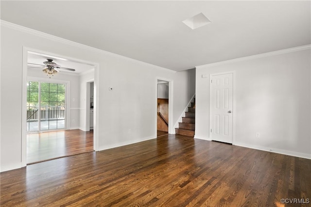 6437 Moon Ln, Chesterfield, VA 23234 - empty room with wood finished floors, stairway, crown molding, and ceiling fan