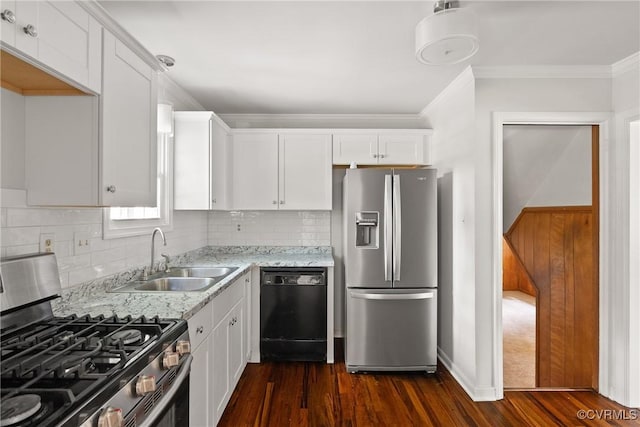 6437 Moon Ln, Chesterfield, VA 23234 - kitchen with stainless steel appliances, dark wood-style flooring, white cabinets, light stone countertops, and crown molding