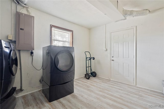 6437 Moon Ln, Chesterfield, VA 23234 - laundry area with electric panel, washer / dryer, and light wood-style floors