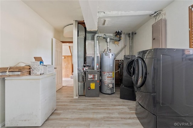 6437 Moon Ln, Chesterfield, VA 23234 - laundry room featuring washer and clothes dryer, water heater, light wood finished floors, heating unit, and electric panel