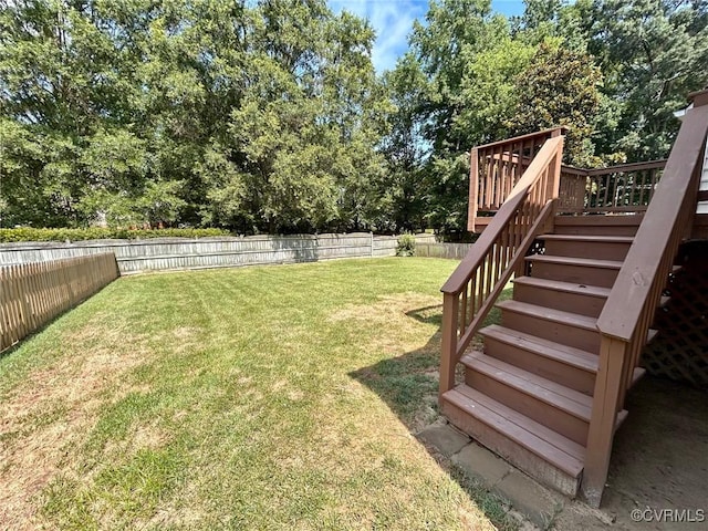 11809 Park Forest Ct, Henrico, VA 23059 - fenced backyard featuring stairs, a wooden deck, and view of scattered trees