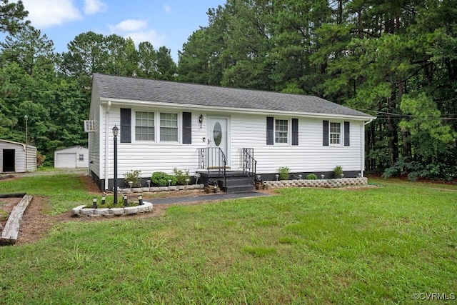 15116 Boydton Plank Rd, Dinwiddie, VA 23841 - ranch-style house with a front yard, a storage shed, roof with shingles, and crawl space