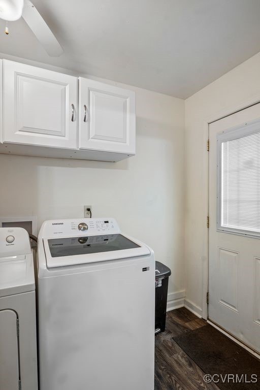 15116 Boydton Plank Rd, Dinwiddie, VA 23841 - laundry room featuring cabinet space, dark wood-type flooring, washer and dryer, and ceiling fan