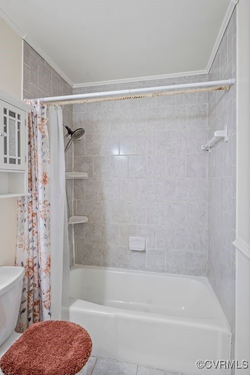 15116 Boydton Plank Rd, Dinwiddie, VA 23841 - full bathroom with shower / bath combo with shower curtain, ornamental molding, and tile patterned floors