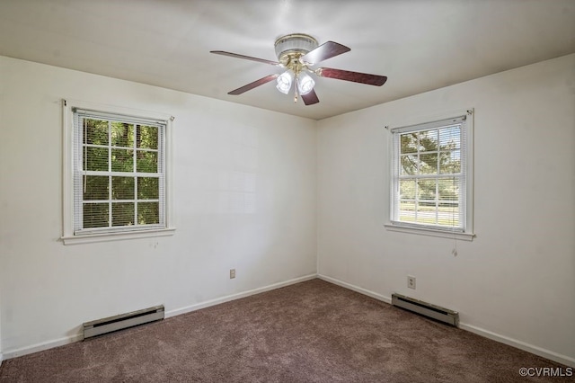 15116 Boydton Plank Rd, Dinwiddie, VA 23841 - unfurnished room featuring a baseboard radiator, carpet flooring, and a ceiling fan