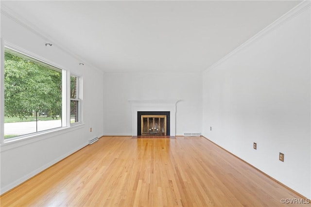 2301 Essex Rd, Henrico, VA 23228 - unfurnished living room featuring light wood-style floors, a fireplace with flush hearth, and crown molding