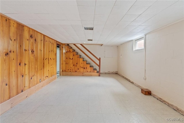 2301 Essex Rd, Henrico, VA 23228 - basement featuring tile patterned floors, stairway, and wood walls