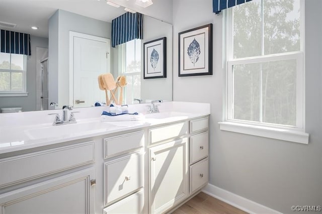 233 Orange Blossom Run, Sandston, VA 23150 - bathroom with double vanity, wood finished floors, and a shower with shower door