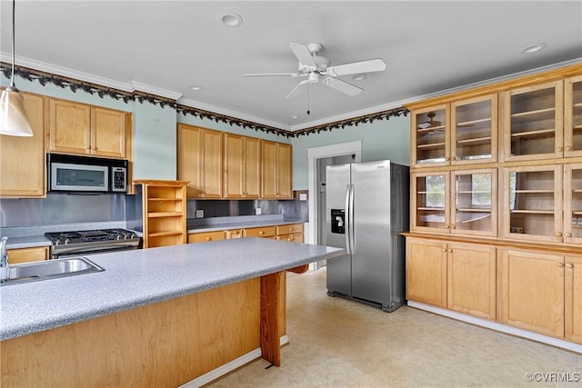 285 Jennings Ordinary Rd, Crewe, VA 23930 - kitchen with stainless steel appliances, ceiling fan, pendant lighting, glass insert cabinets, and crown molding
