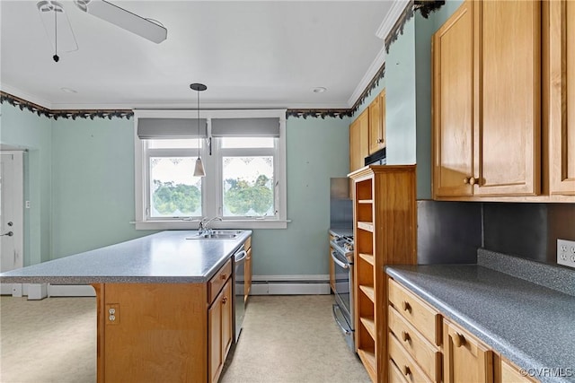285 Jennings Ordinary Rd, Crewe, VA 23930 - kitchen featuring stainless steel appliances, ceiling fan, light colored carpet, crown molding, and a kitchen breakfast bar