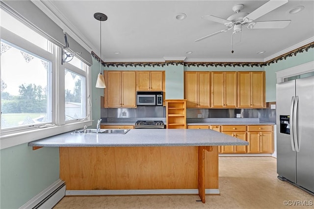 285 Jennings Ordinary Rd, Crewe, VA 23930 - kitchen featuring appliances with stainless steel finishes, a baseboard heating unit, ornamental molding, light countertops, and pendant lighting