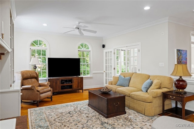 9929 Eildonway Pl, Henrico, VA 23238 - living area featuring a ceiling fan, wood finished floors, plenty of natural light, crown molding, and recessed lighting